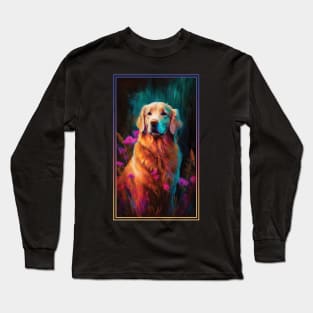 Golden Retriever Dog Vibrant Tropical Flower Tall Digital Oil Painting Portrait 4 Long Sleeve T-Shirt